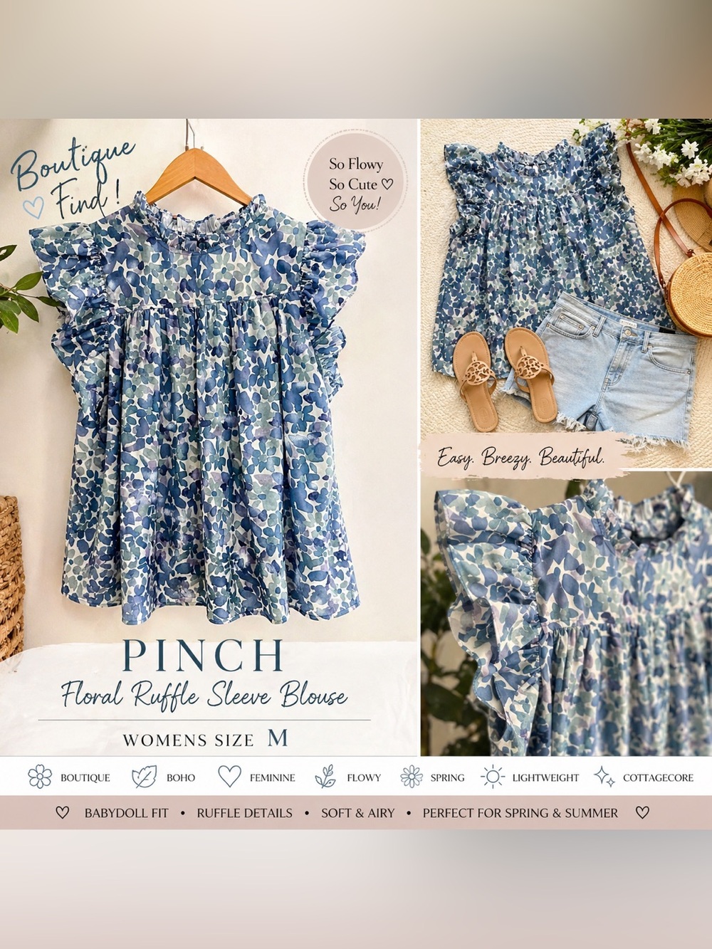 PINCH Floral Ruffle Sleeve Blouse - Blue